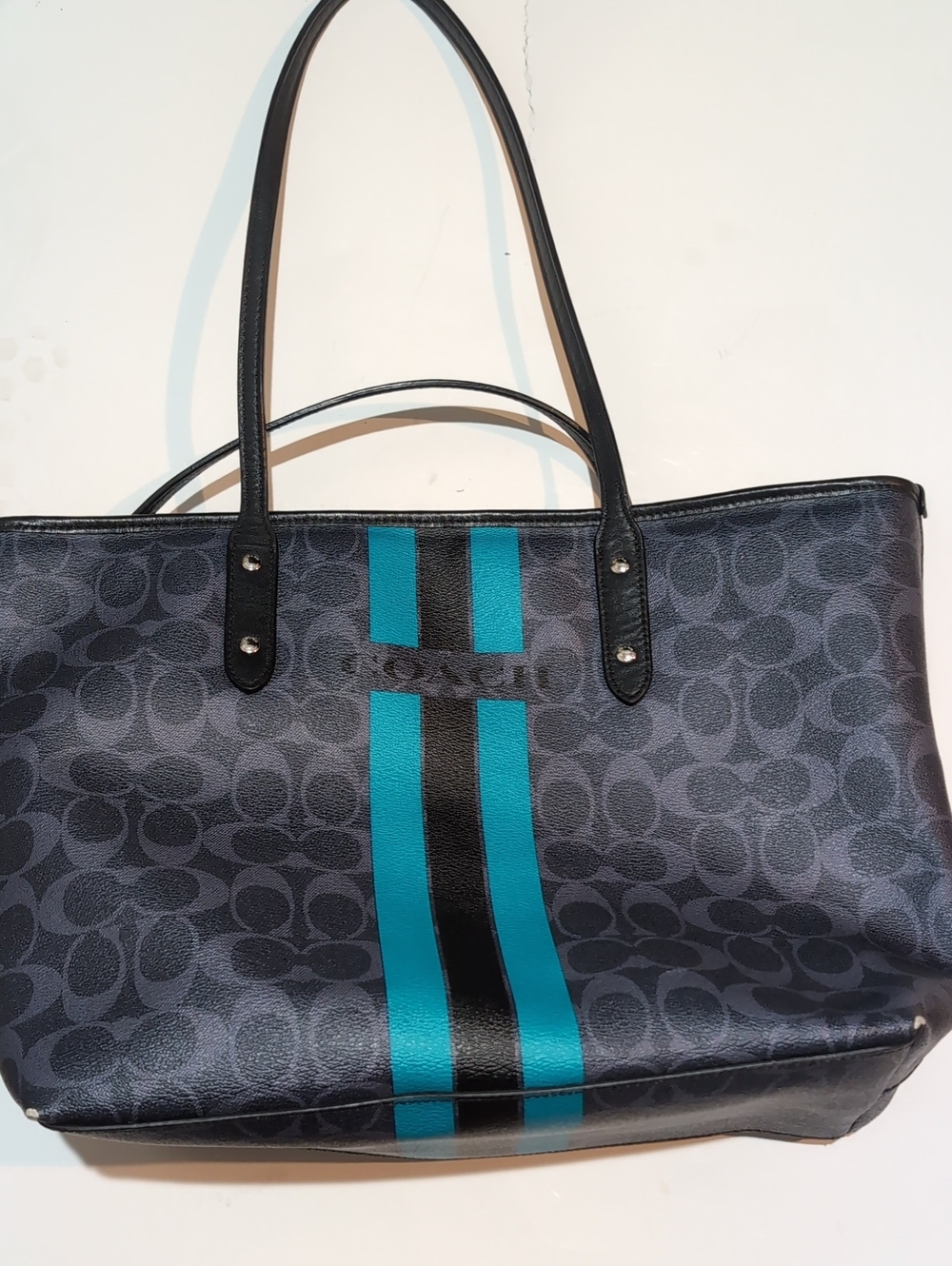 Coach Monogram Tote with Teal and Black Center Stripes